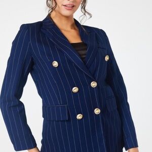 Classic Blue & White Double Breast Pinstriped Blazer - Medium